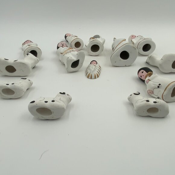 Vintage Mexican White Gold Hand Painted Folk Art Clay Pottery Nativity 13 PC - Picture 4 of 10